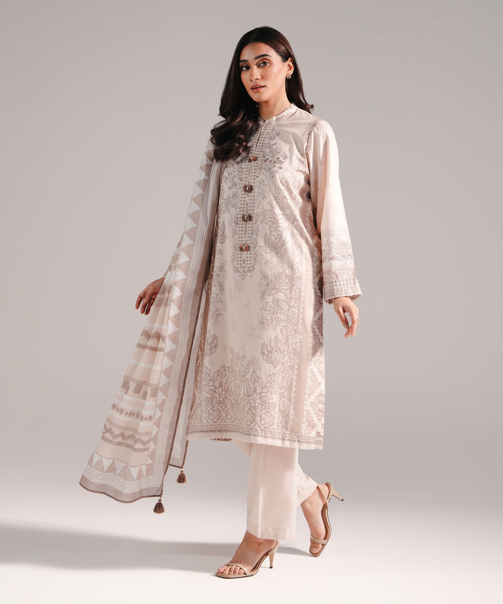 Women's RTW Lawn Printed Dusty Pink 3 Piece Suit