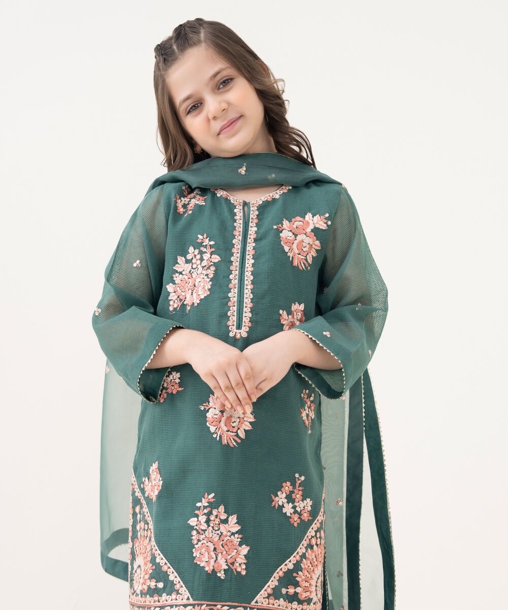Girl's Blended Textured Karandi Embroidered Green Three Piece Suit
