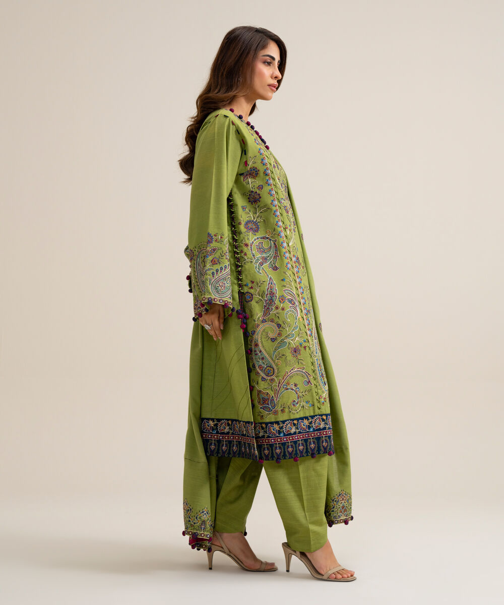Women's Unstitched Basic Khaddar Embroidered Green 3 Piece Suit