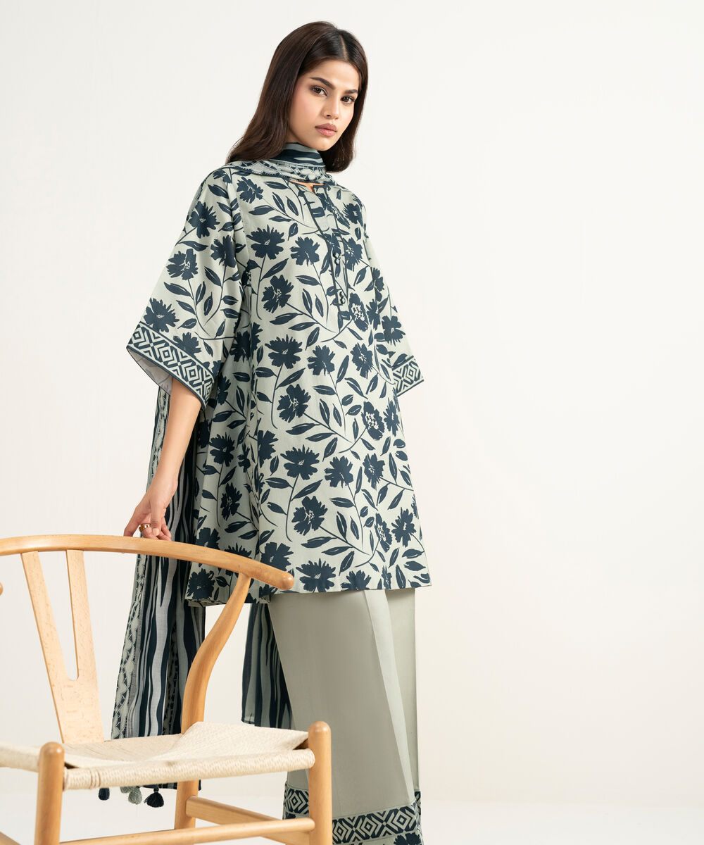 Women's Unstitched Lawn Printed Grey 3 Piece Suit