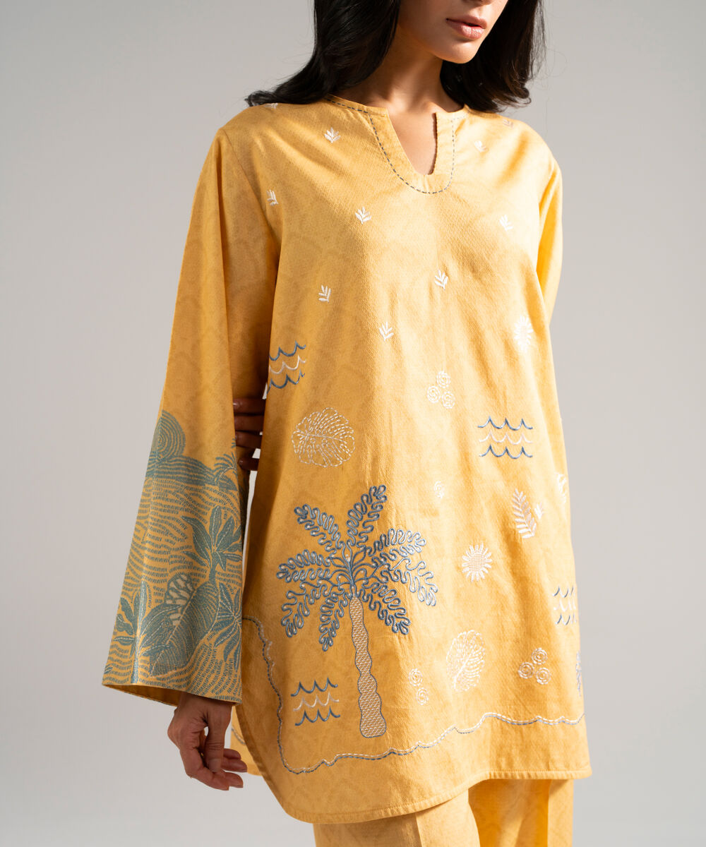 Women's RTW Dobby Embroidered Orange Straight Shirt