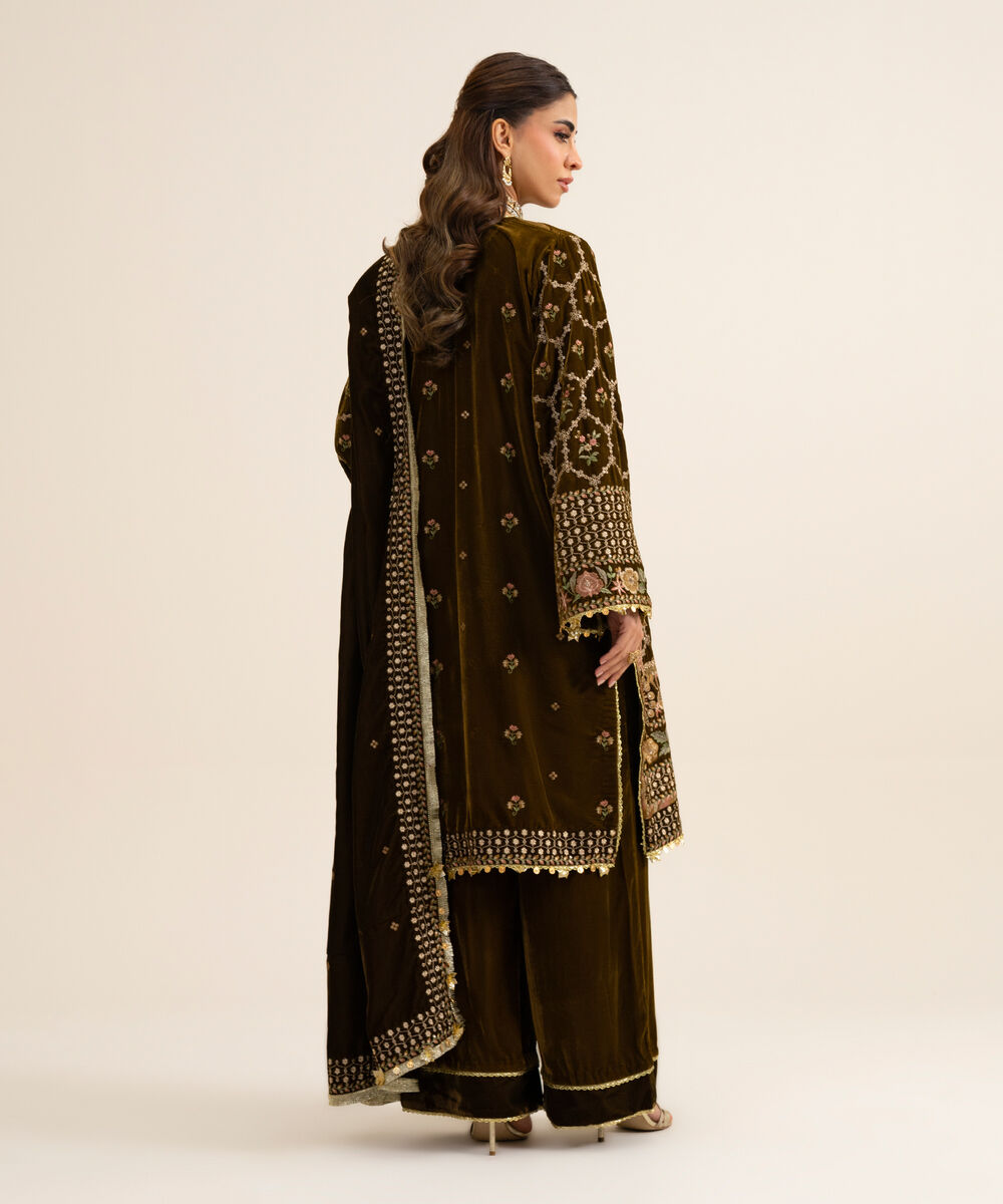 Women's Unstitched Velvet Embroidered Dark Brown 3 Piece Suit