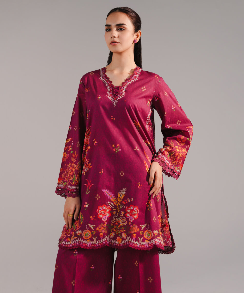 Women's RTW Lawn Printed Plum 2 Piece Suit