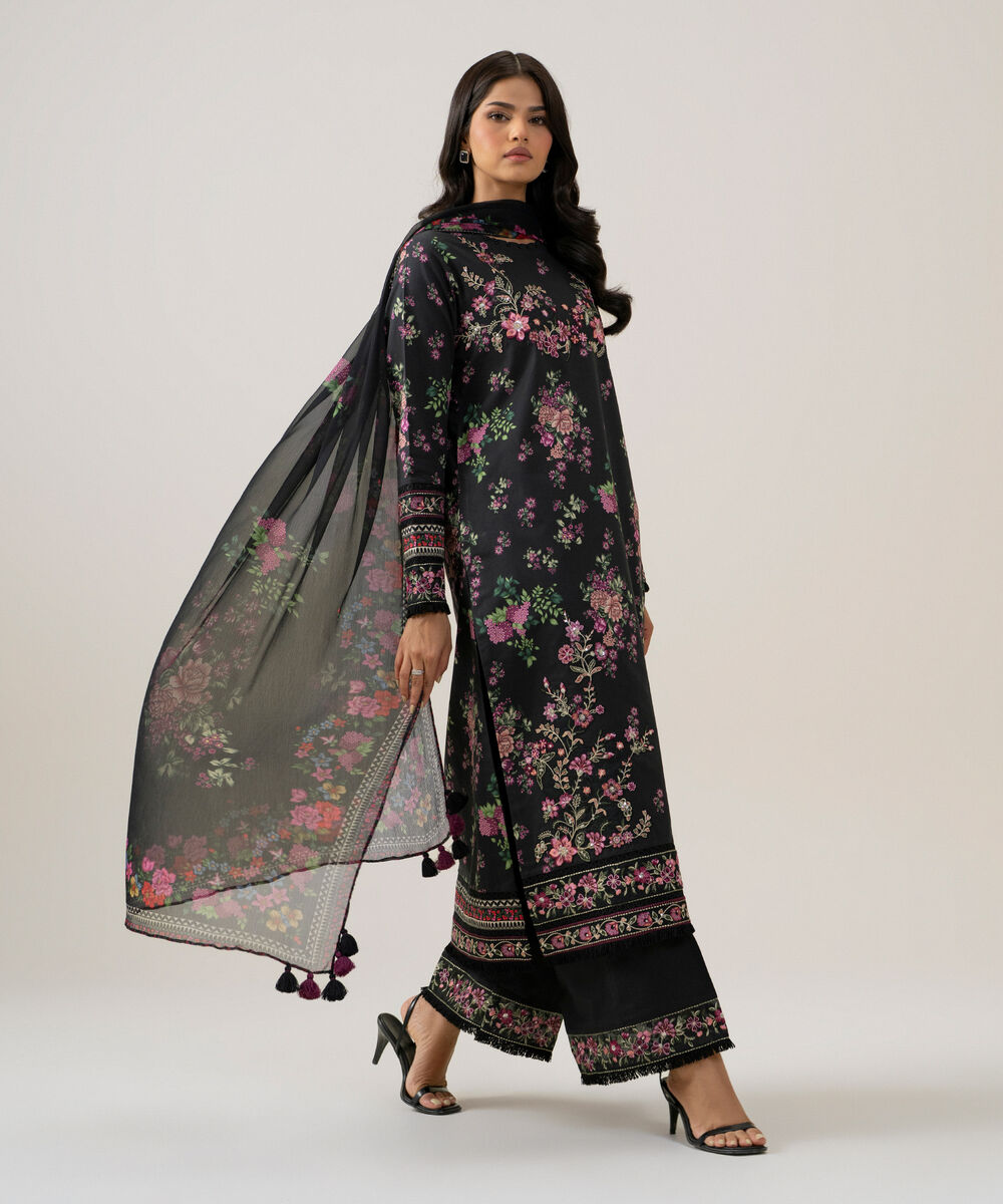 Women's Unstitched Blended Chiffon Printed Black 3 Piece Suit