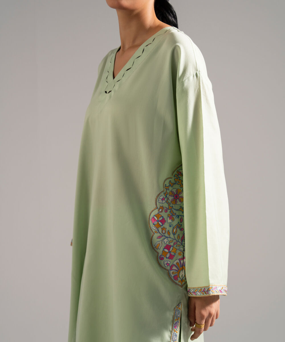 Women's RTW Dobby Embroidered Green Straight Shirt