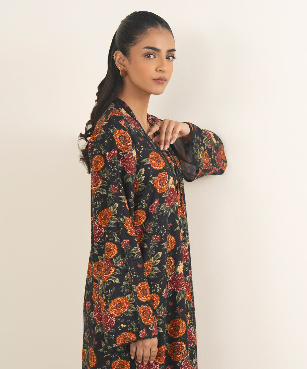 Women's RTW Herringbone Printed Black A-Line Shirt