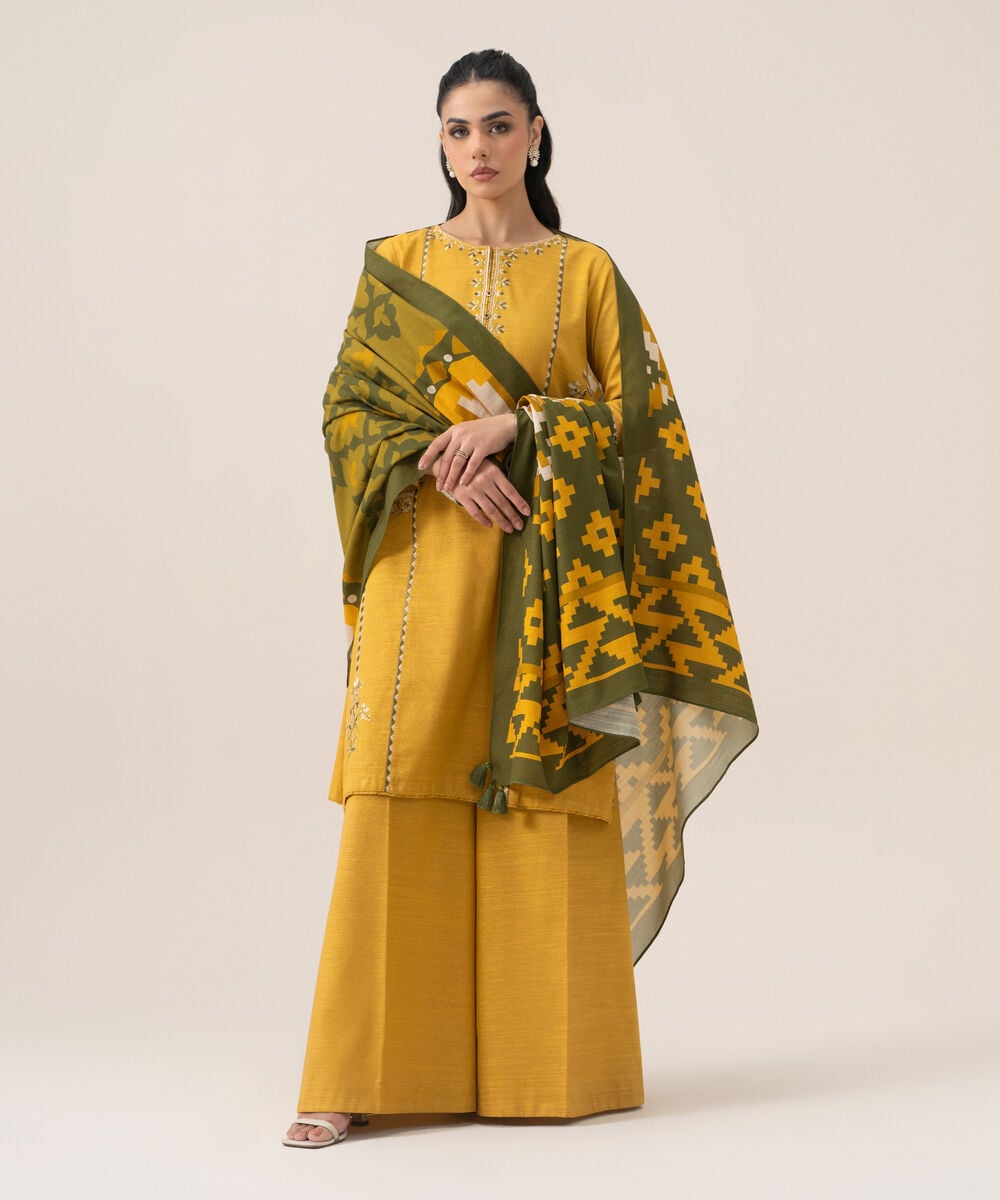 Women's Unstitched Premium Khaddar Embroidered Yellow 3 Piece Suit