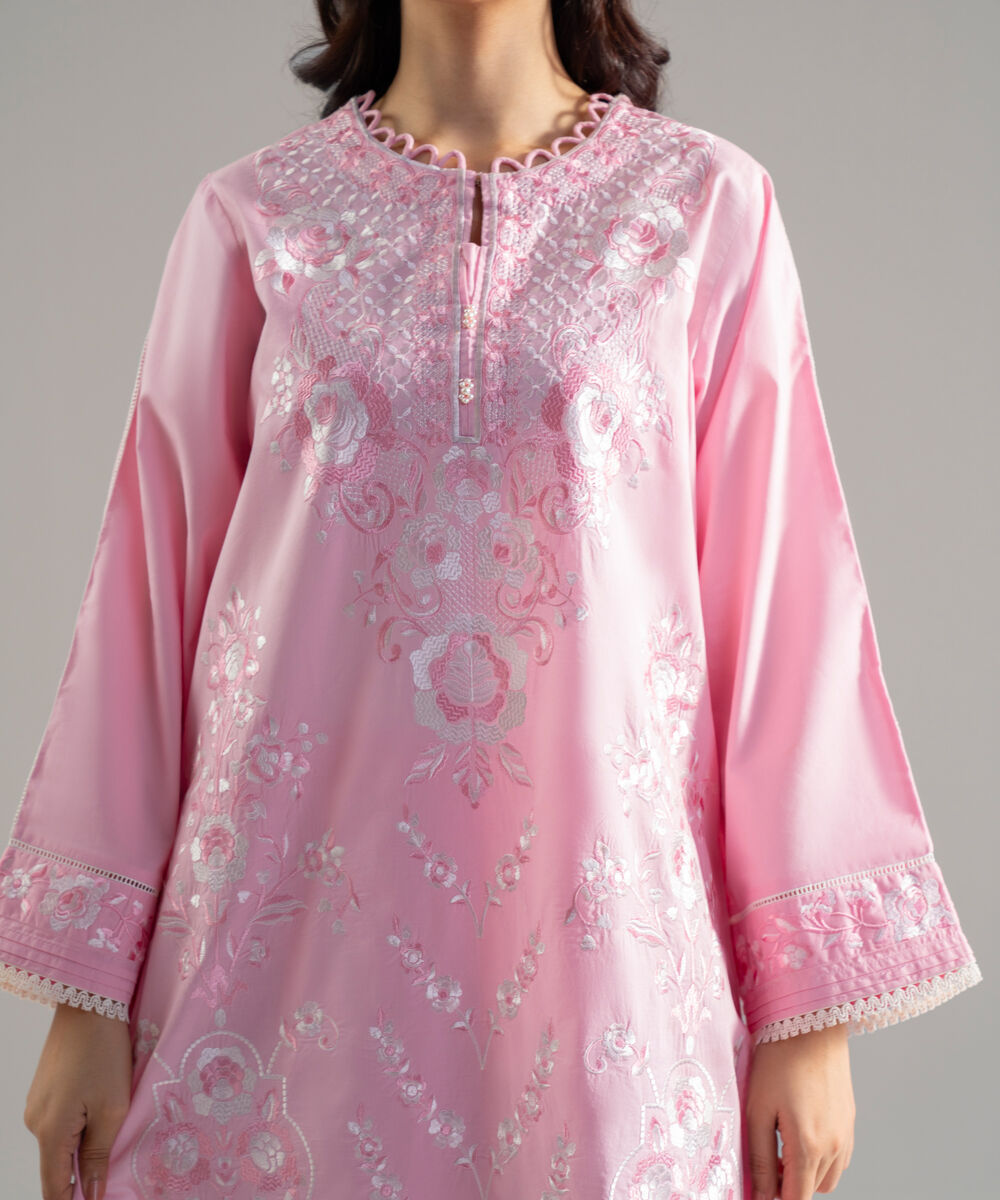 Women's RTW Cambric Solid Embroidered Pink 3 Piece Suit