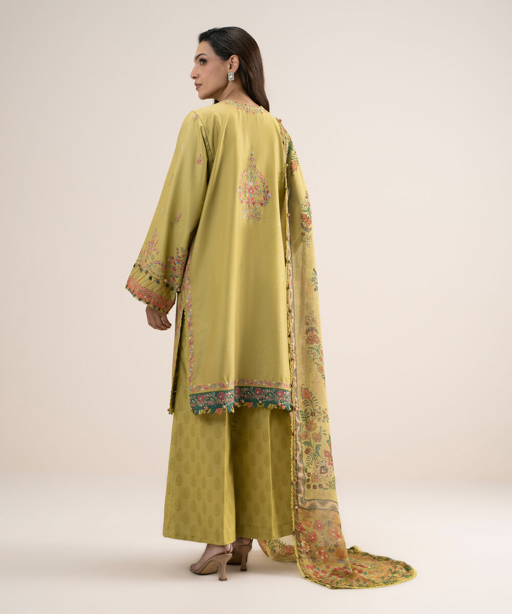 Women's Unstitched Embroidered Fine Cotton Satin Mustard 3 Piece Suit