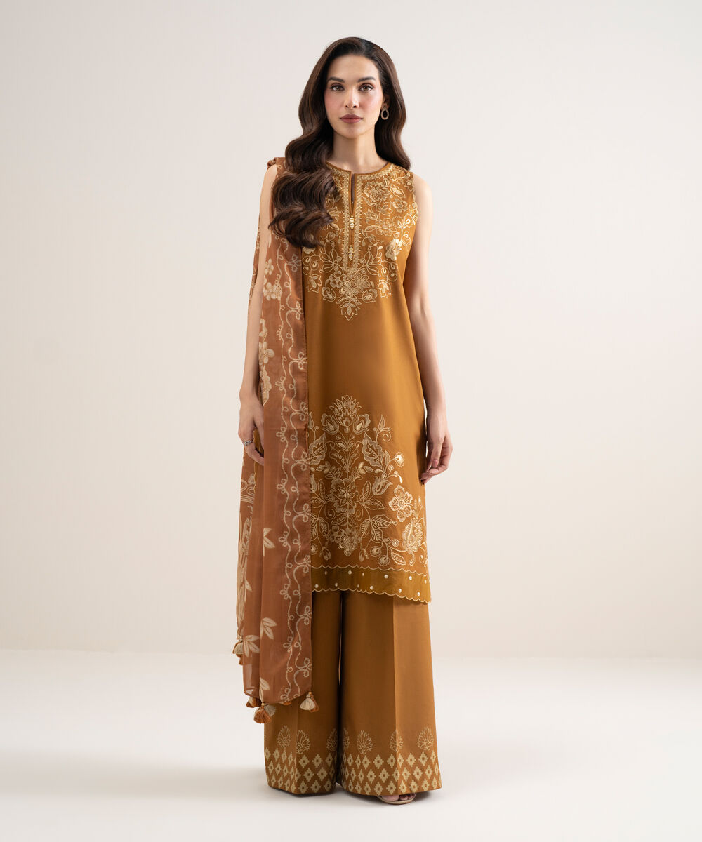 Women's Unstitched Slub Lawn Embroidered Mustard 3 Piece Suit