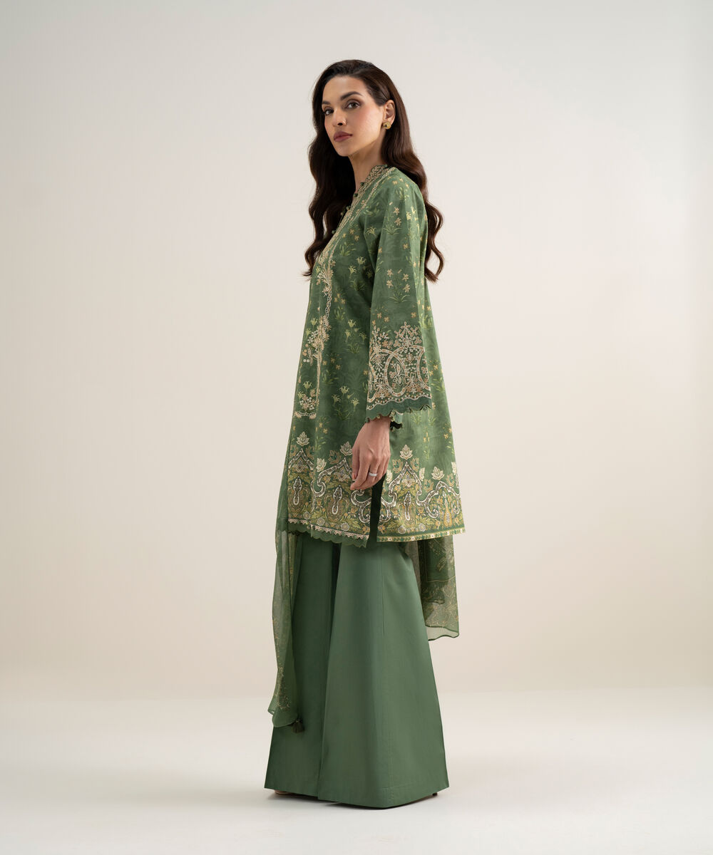 Women's Unstitched Lawn Embroidered Green 3 Piece Suit