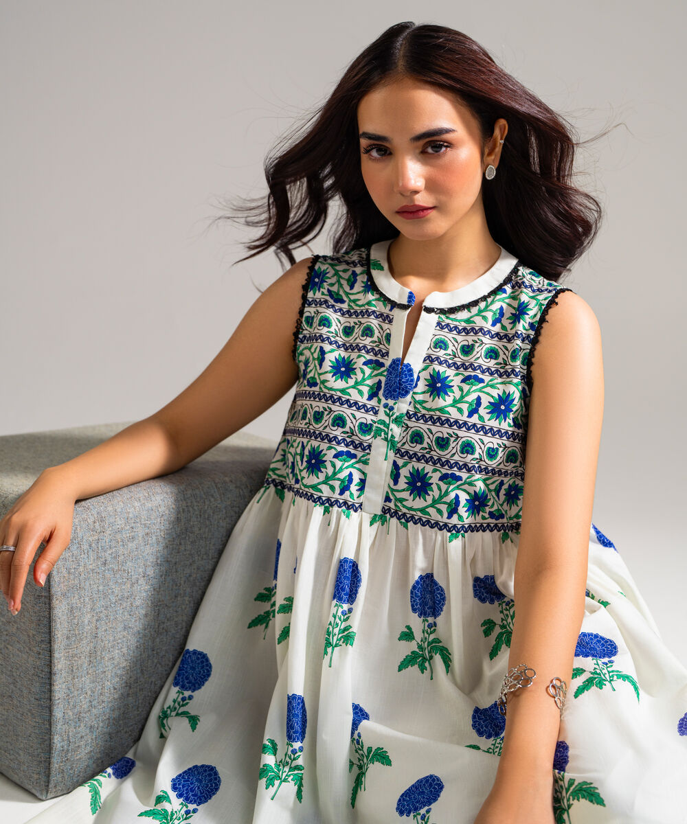 Women's RTW Slub Lawn Printed White Peshwas