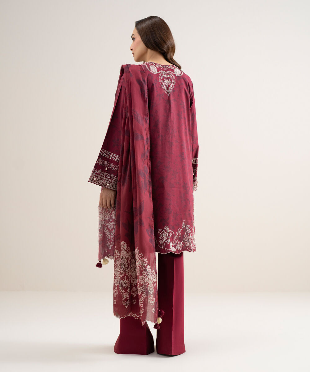 Women's Unstitched Lawn Embroidered Maroon 3 Piece Suit