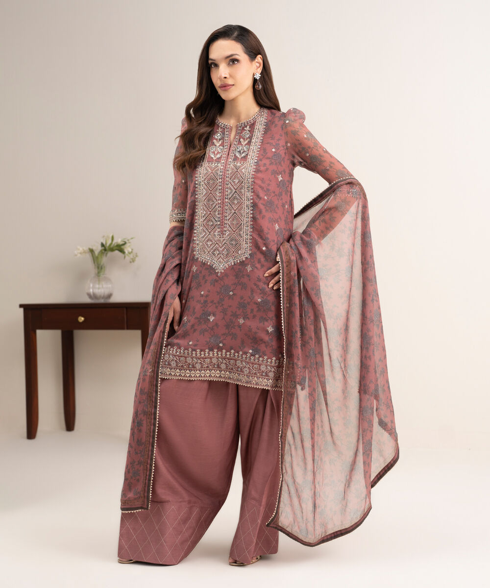 Women's Unstitched Blended Chiffon Embroidered Pink 3 Piece Suit