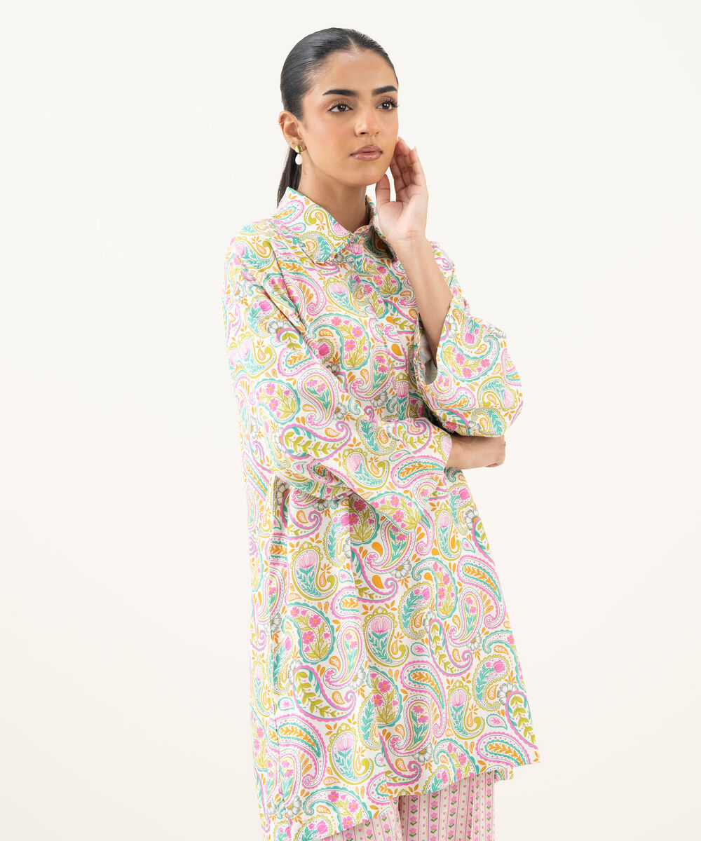 Women's RTW Linen Viscose Printed White Drop Shoulder Shirt