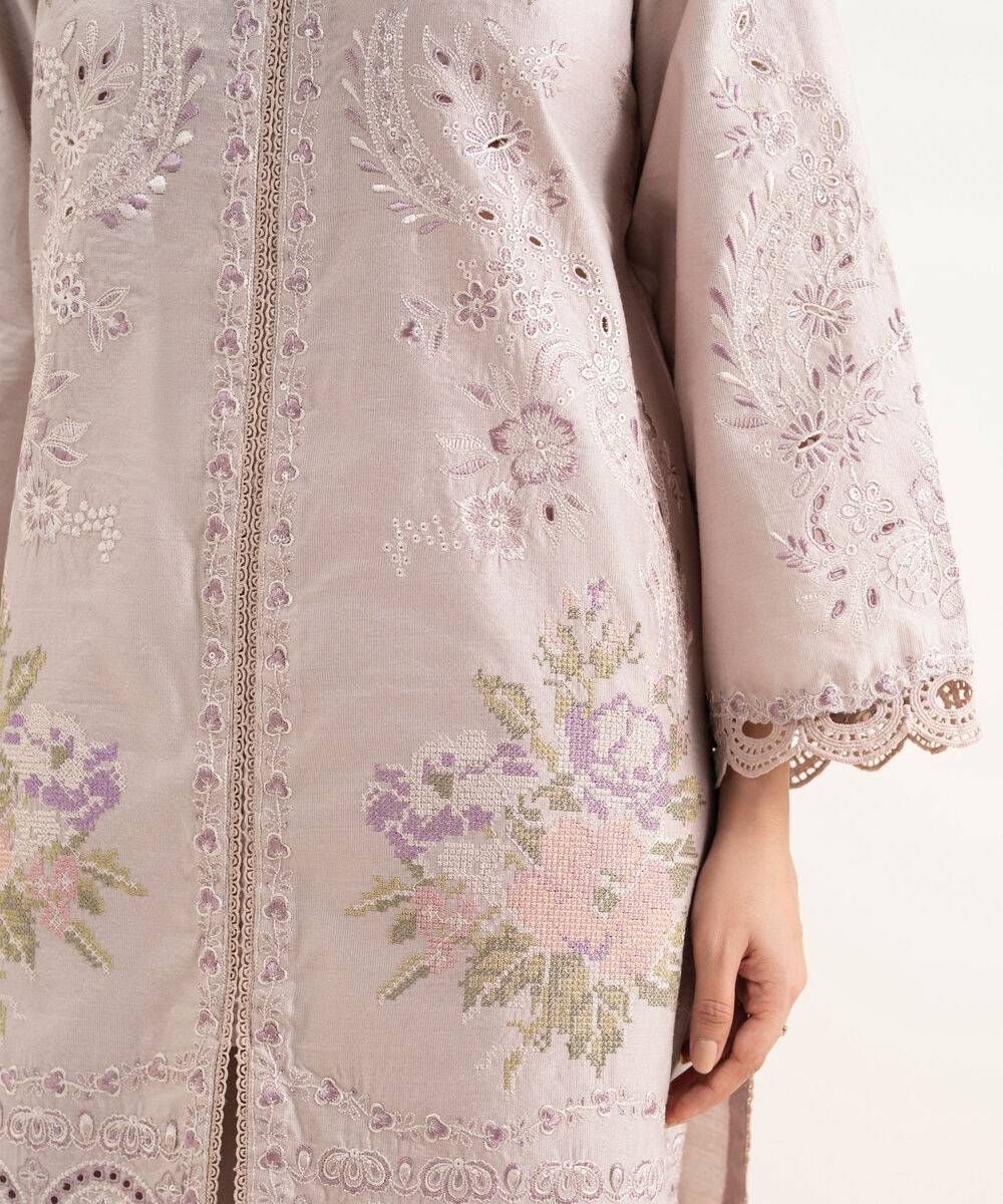 Women's RTW Silk Cotton Net Embroidered Lilac 3 Piece Suit