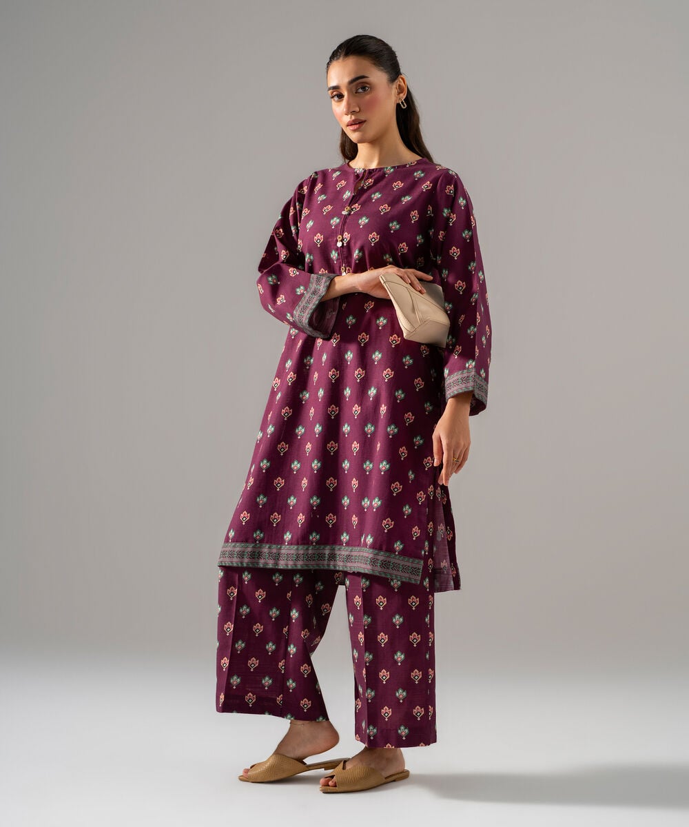 Women's RTW Khaddar Printed Purple 2 Piece Suit
