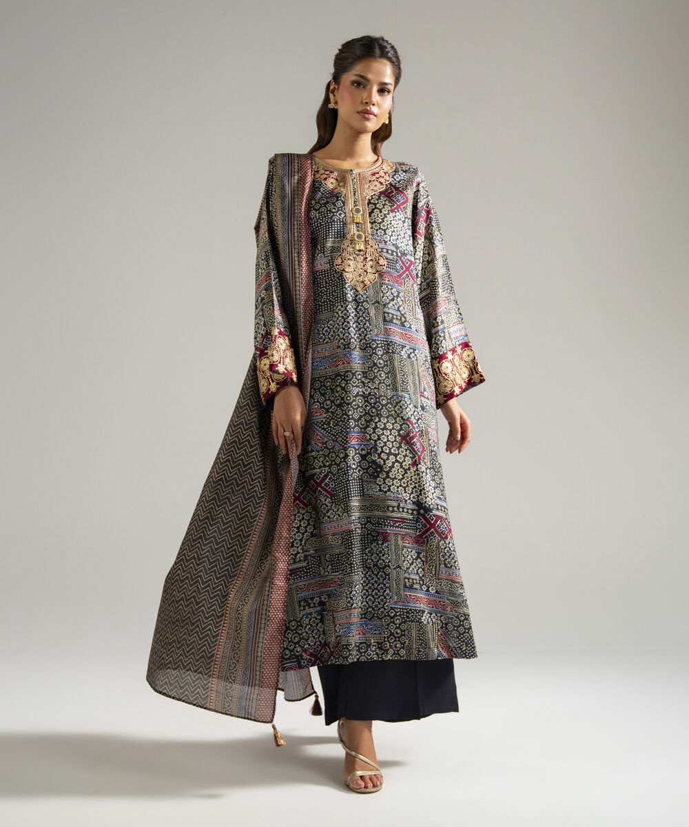 Women's RTW Bright Raw Silk Embroidered Black 3 Piece Suit