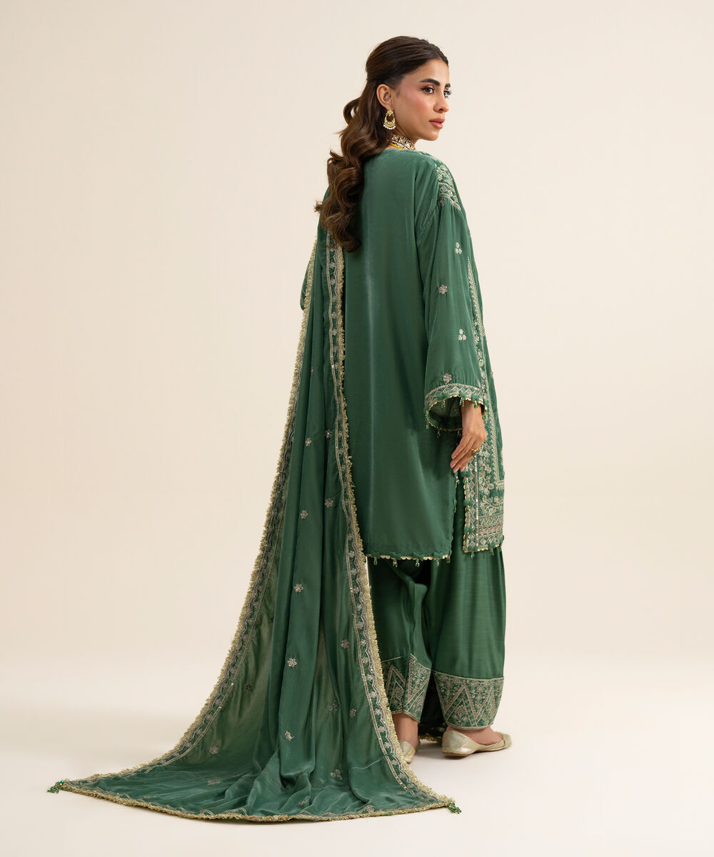 Women's Unstitched Velvet Embroidered Green 3 Piece Suit
