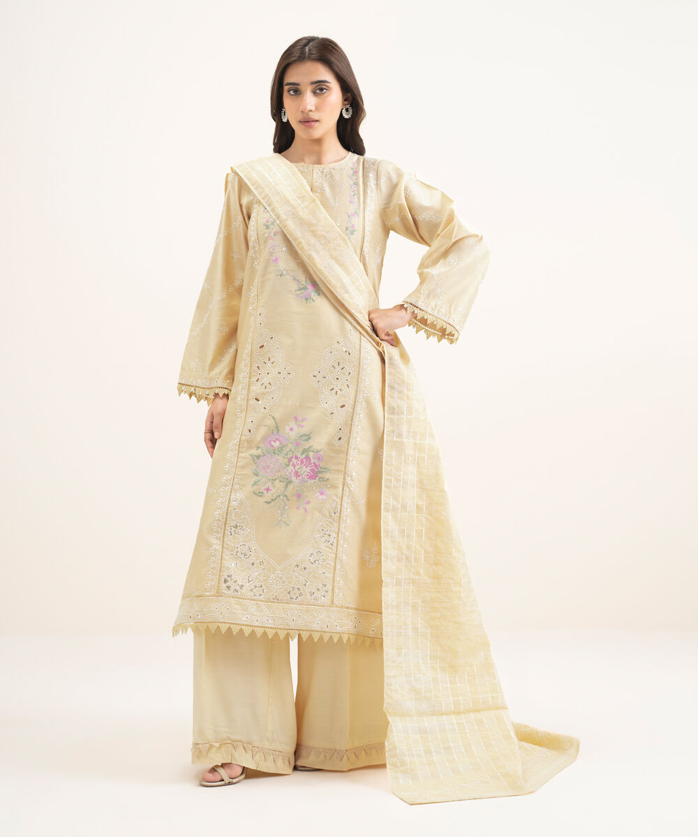 Women's RTW Silk Cotton Net Embroidered Pale Yellow 3 Piece Suit