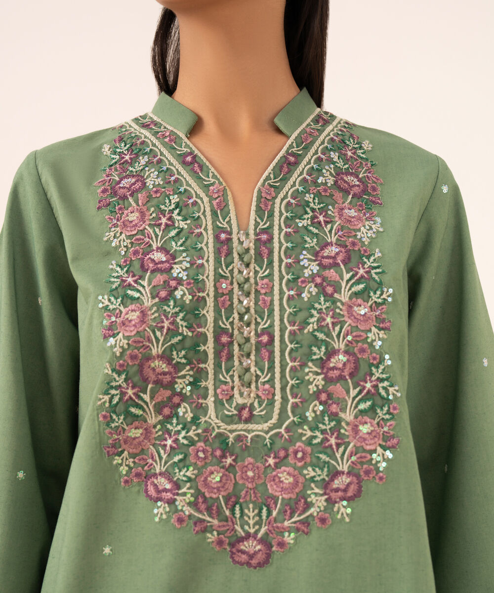 Women's Unstitched Cotton Viscose Embroidered Green 3 Piece Suit