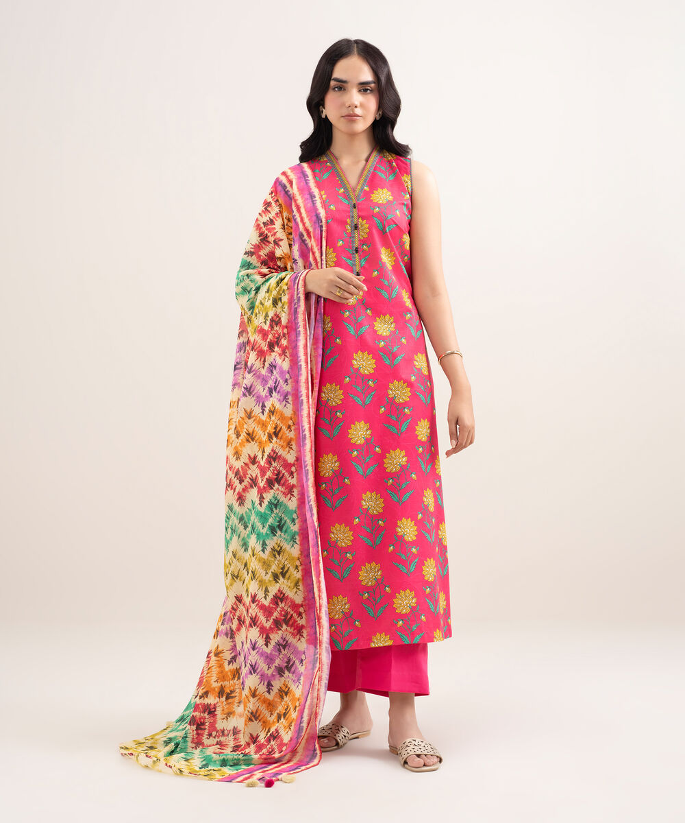 Women's Unstitched Lawn Printed Pink 3 Piece Suit