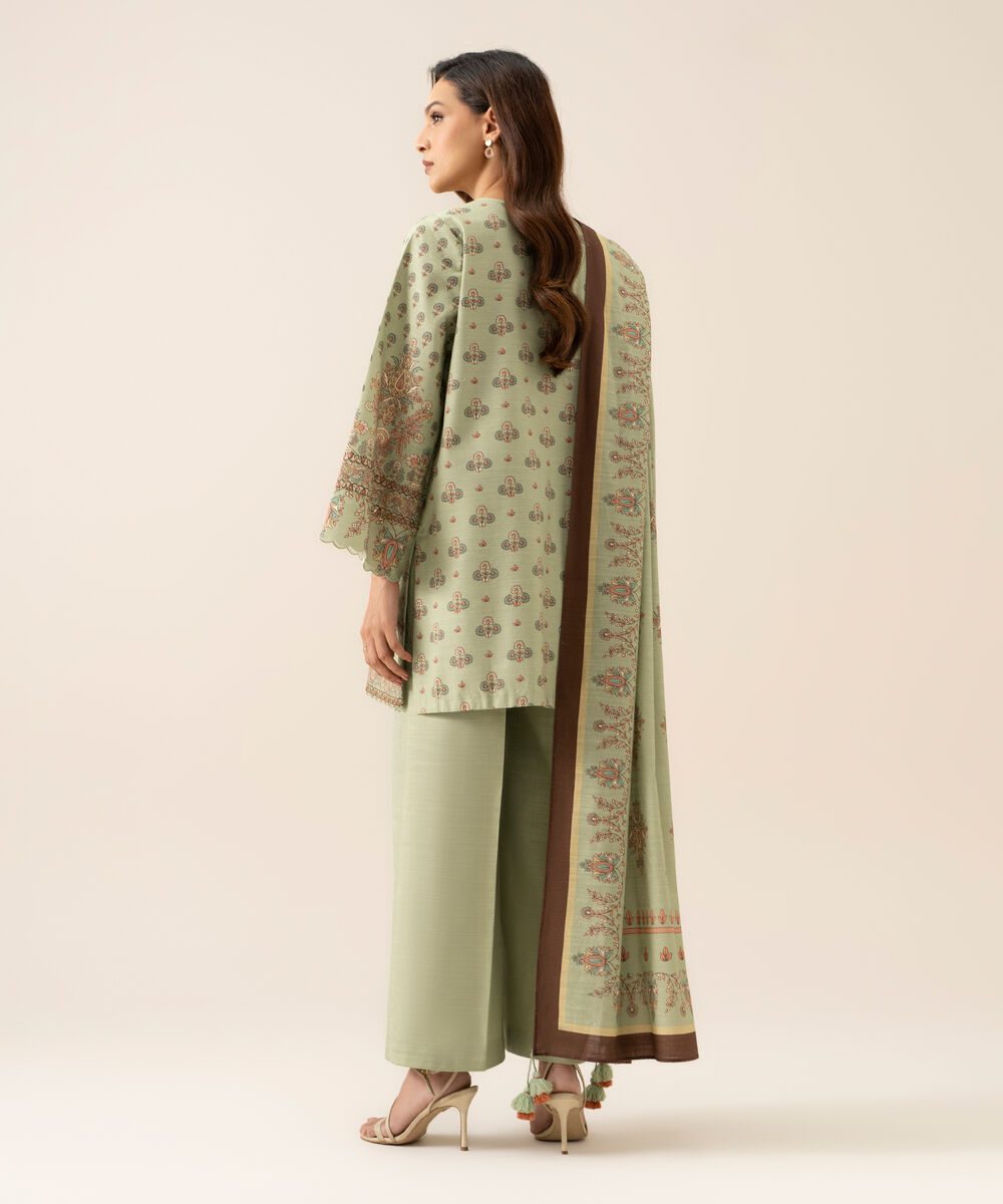 Women's Unstitched Cotton Embroidered Light Mint Green 3 Piece Suit
