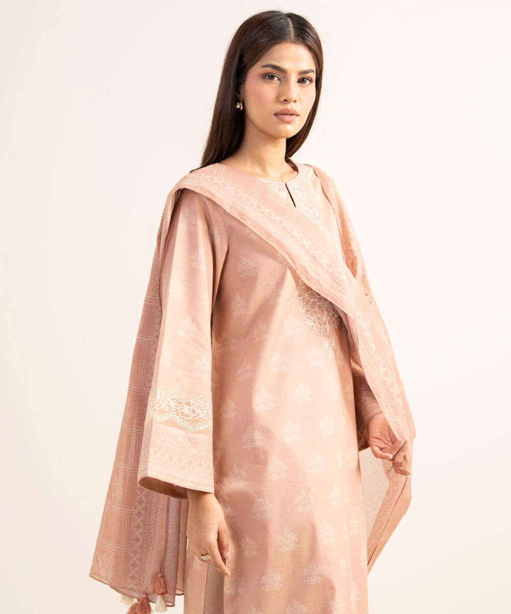 Women's Unstitched Lawn Embroidered Pink 3 Piece Suit