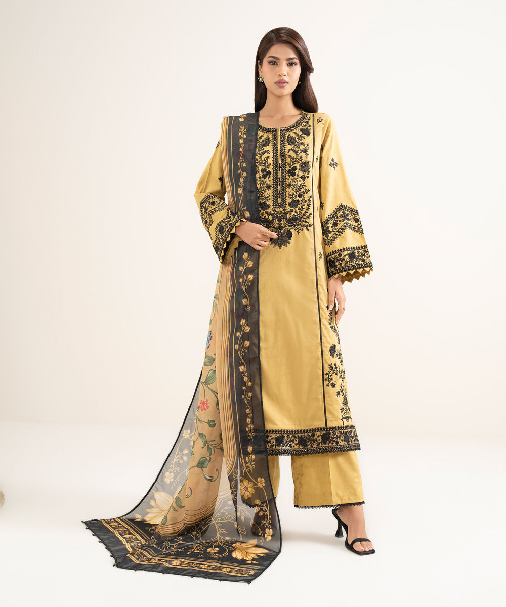 Women's RTW Self Jacquard Embroidered Yellow A-Line Shirt