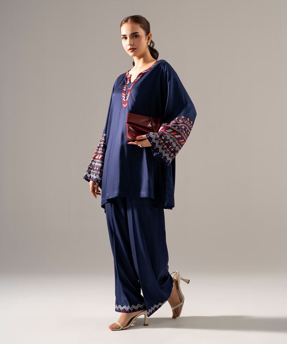 Women's RTW Bedford Solid Embroidered Blue Drop Shoulder Shirt
