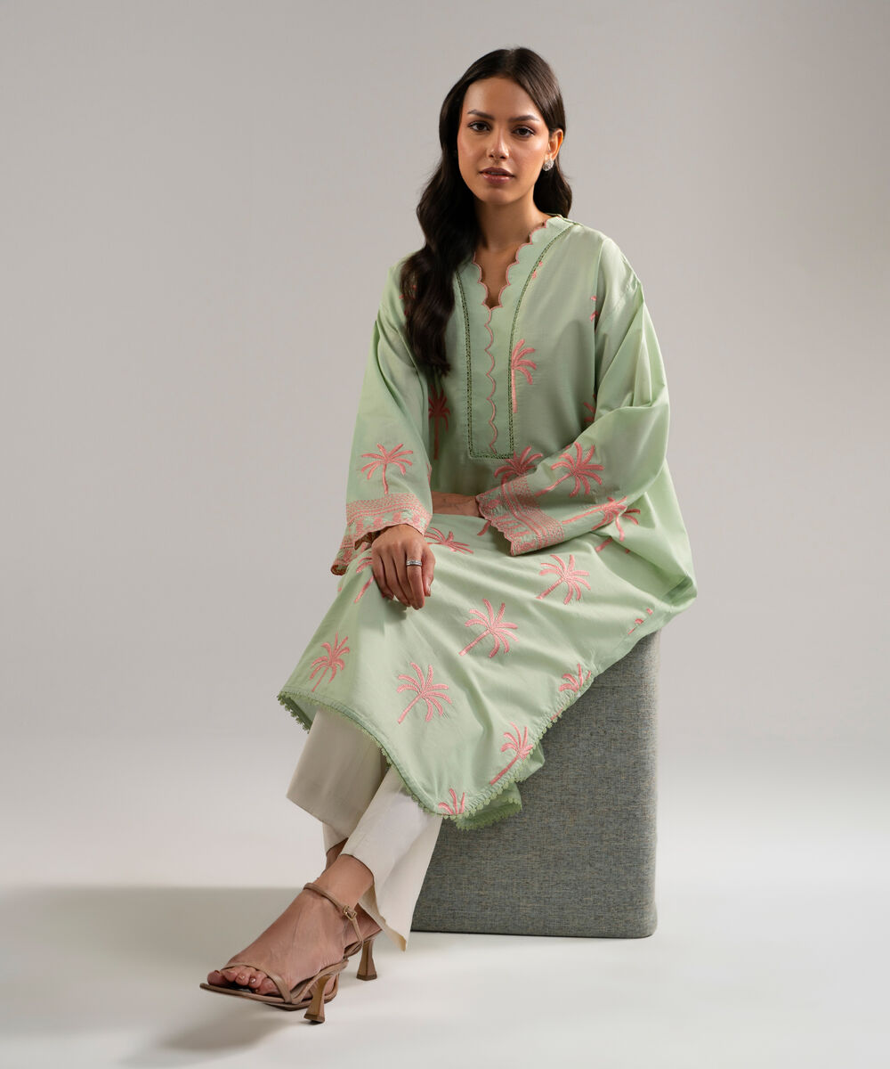 Women's RTW Zari Lawn Embroidered Green Drop Shoulder Shirt