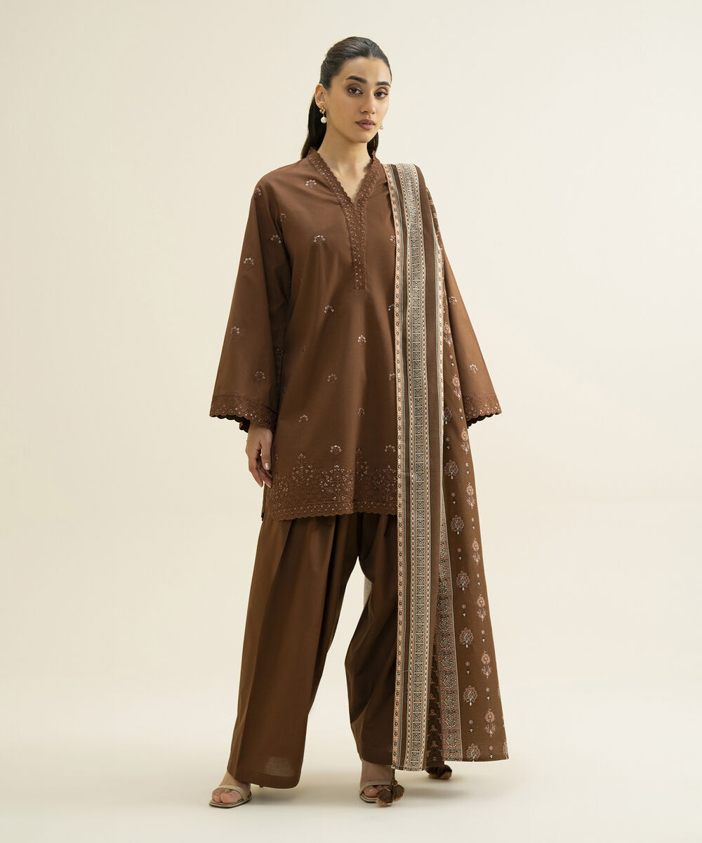 Women's Unstitched Lawn Embroidered Brown 3 Piece Suit