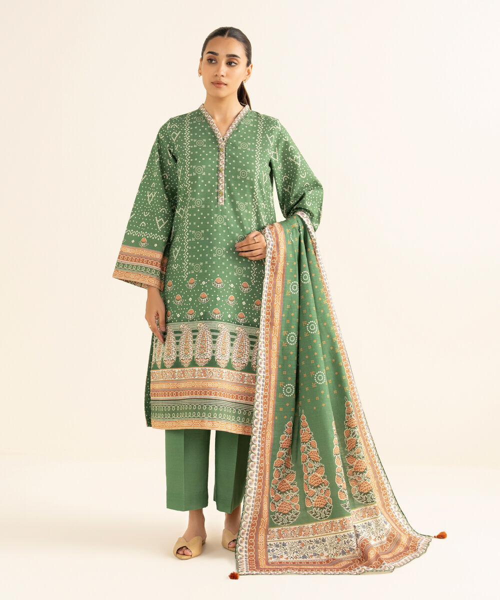 Women's Unstitched Khaddar Printed Green 3 Piece Suit