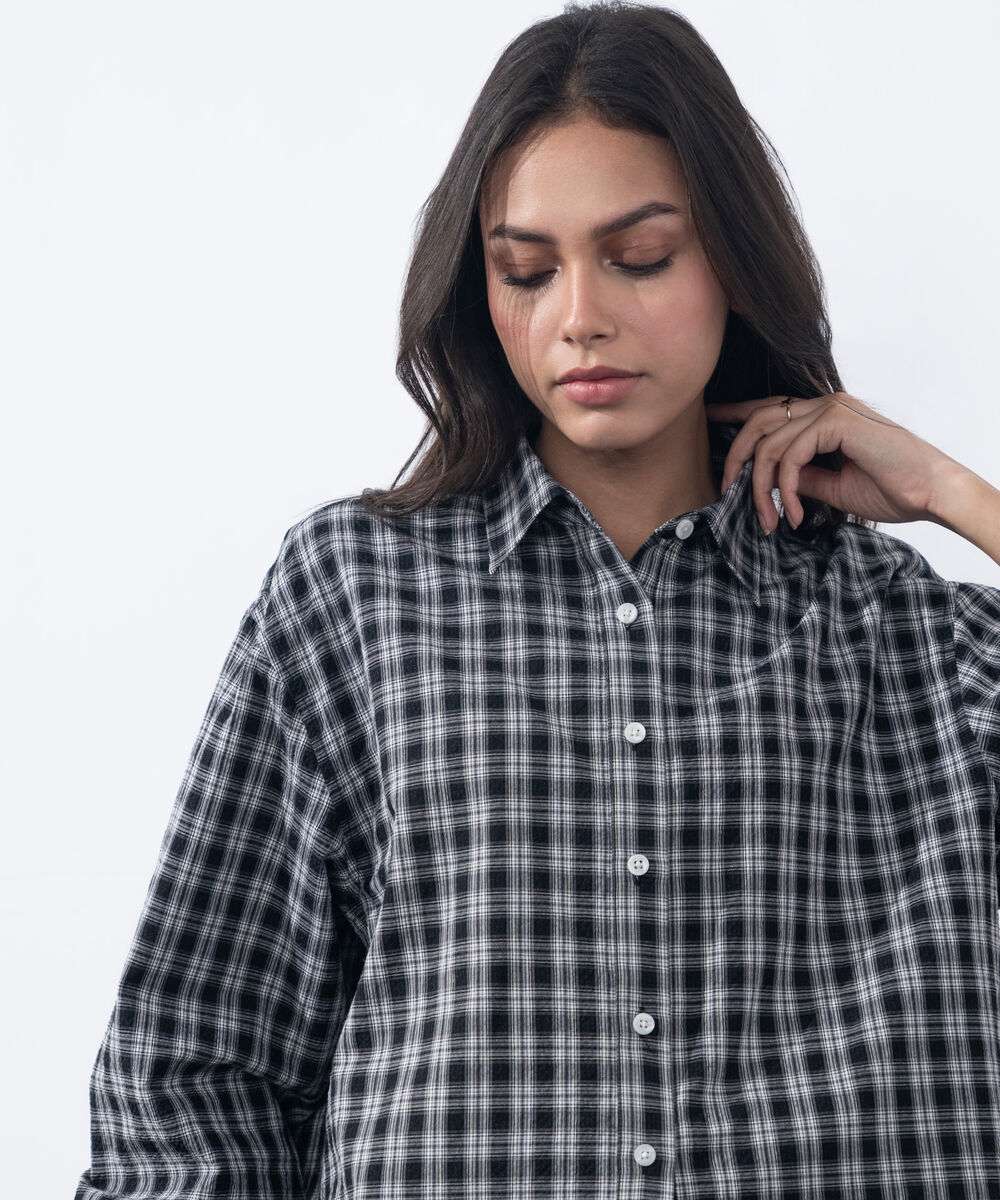 Women's Western Wear Black & White Checkered Boxy Shirt