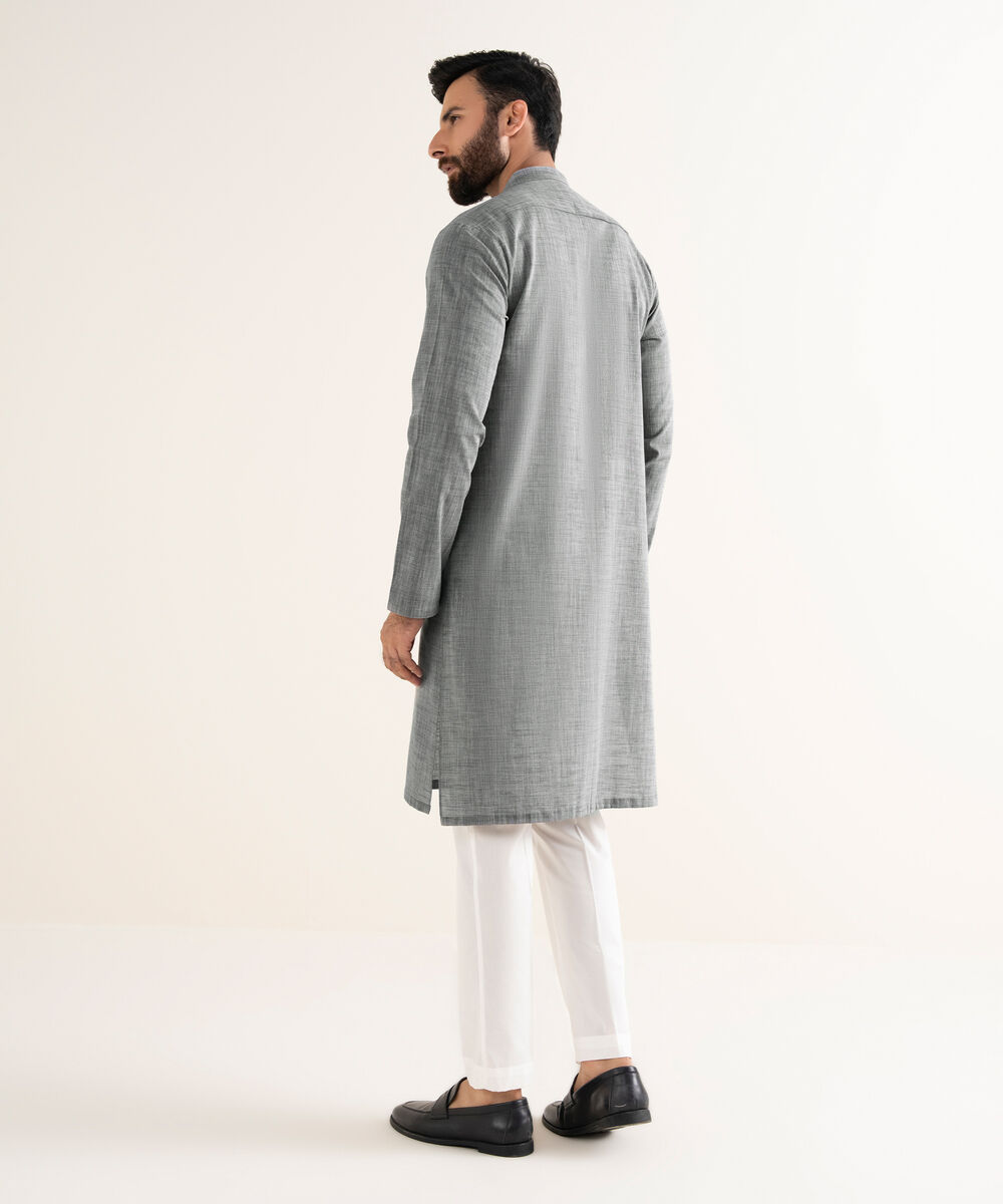 Men's Yarndyed Wash & Wear Embroidered Grey Kurta