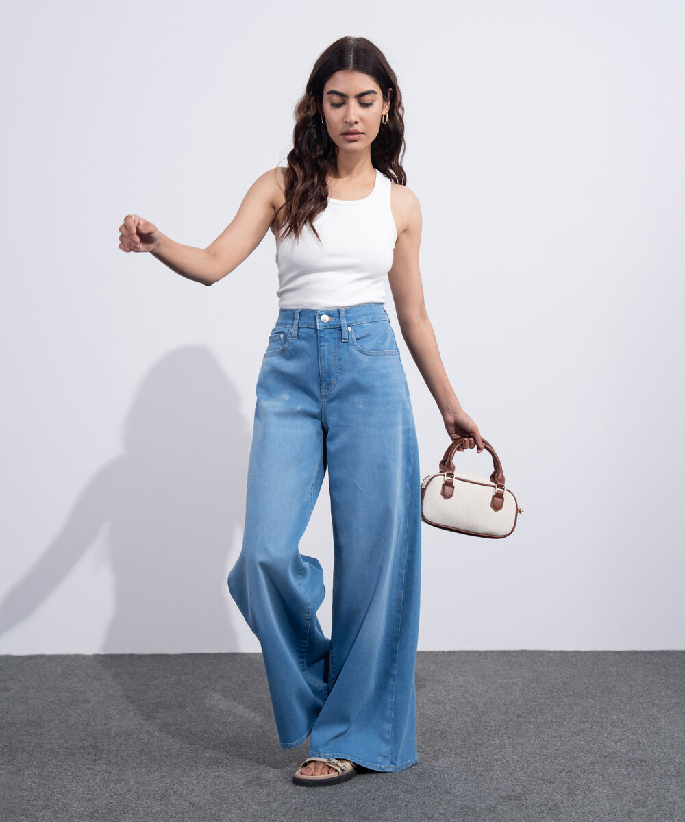 Women's Western Mid Blue Wash High Rise Wide Leg Jeans