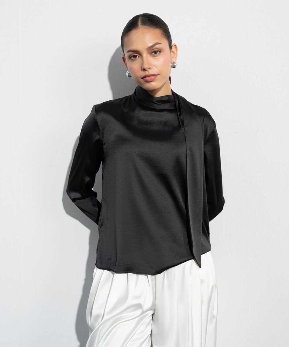 Women's Western Black Satin Blouse With Back Tie Detail