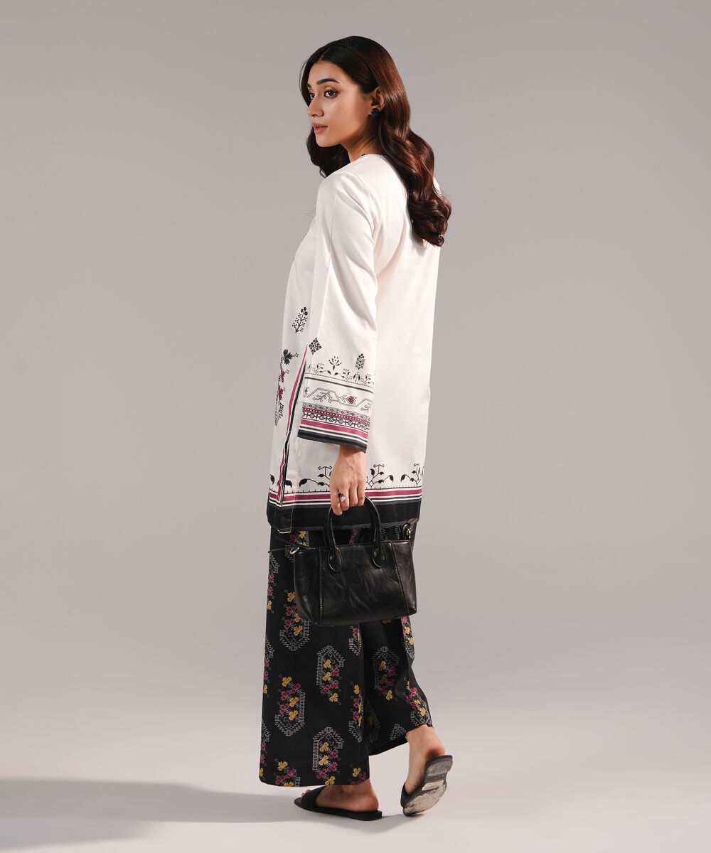 Women's RTW Cotton Satin Printed White Straight Shirt