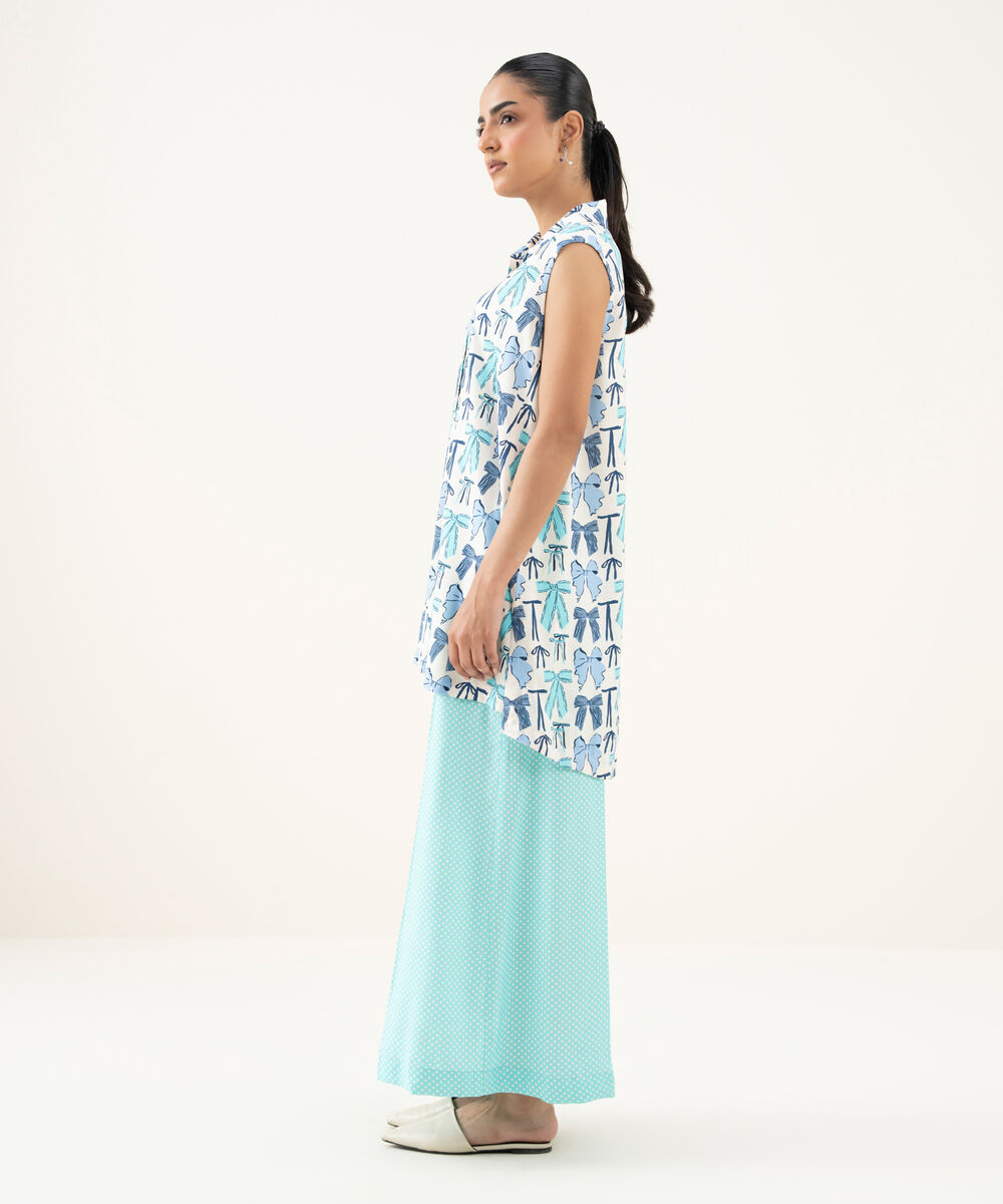 Women's RTW Linen Viscose Printed White Straight Shirt