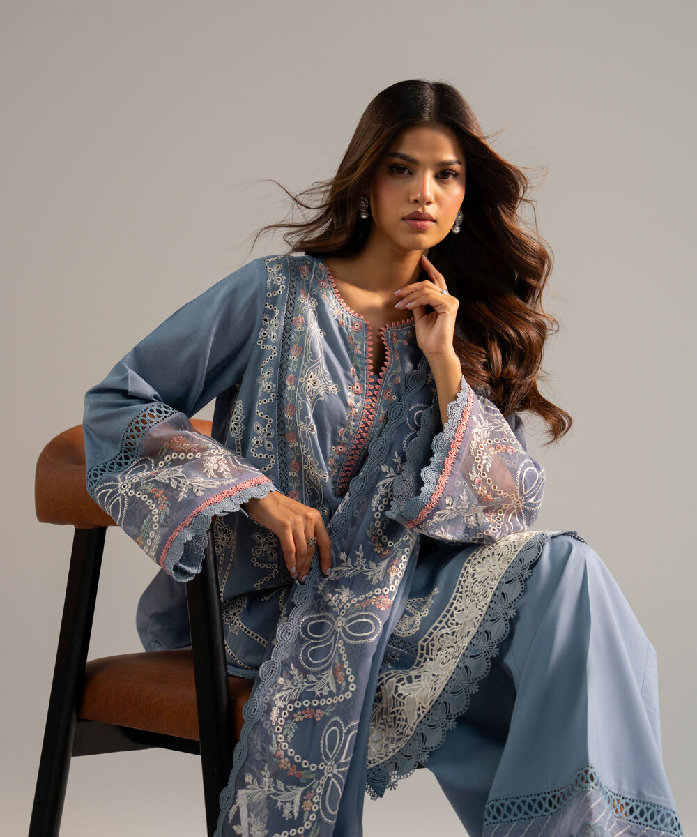 Women's RTW Self Jacquard Embroidered Steel Blue 2 Piece Suit