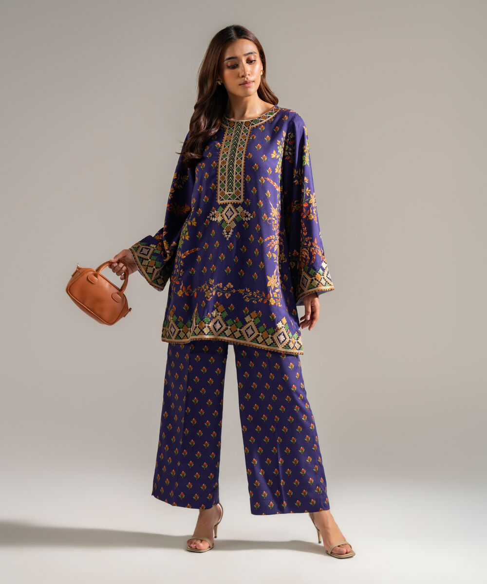 Women's RTW Self Jacquard Embroidered Dark Blue 2 Piece Suit