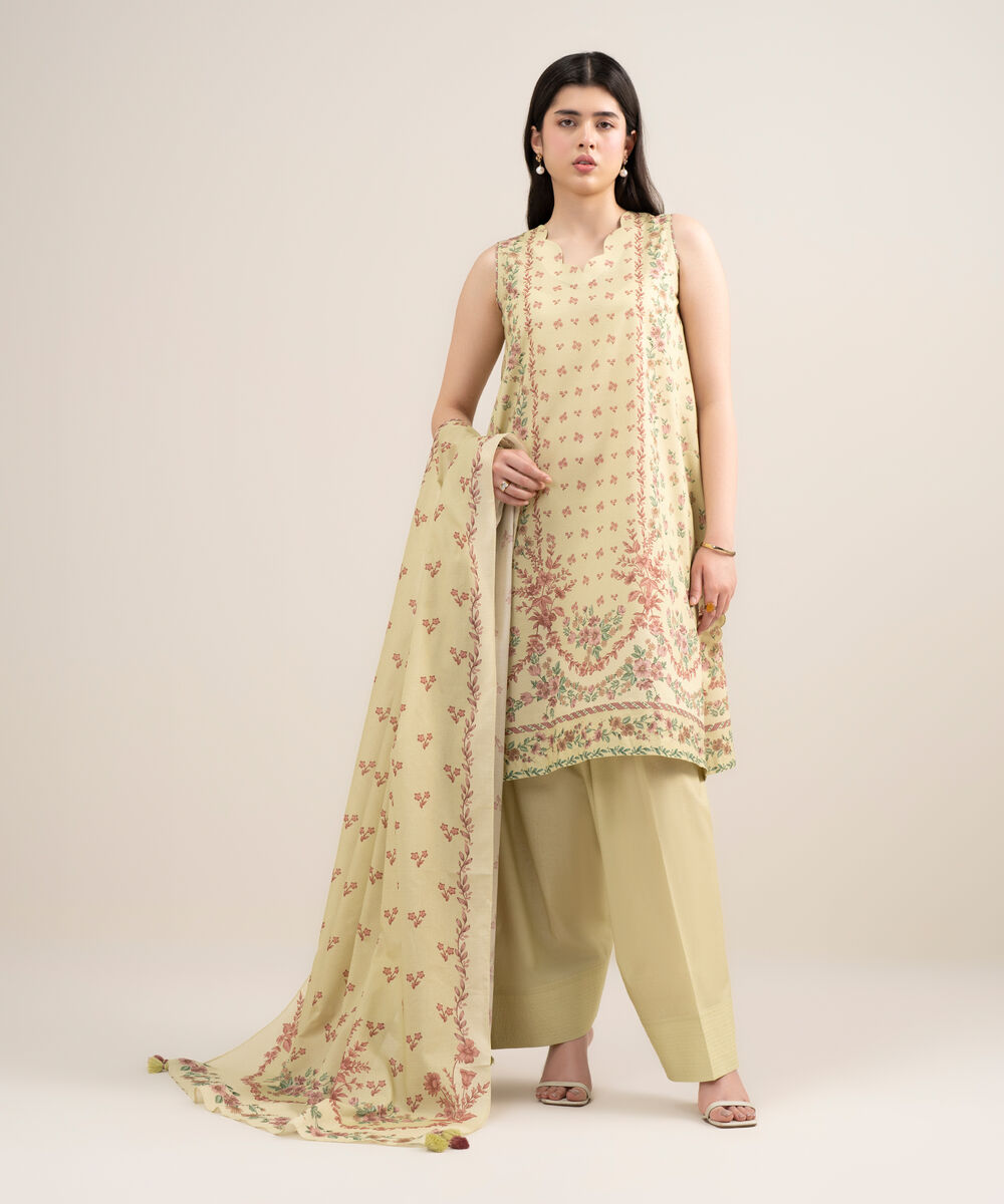 Women's Unstitched Zari Lawn Printed Yellow 3 Piece Suit