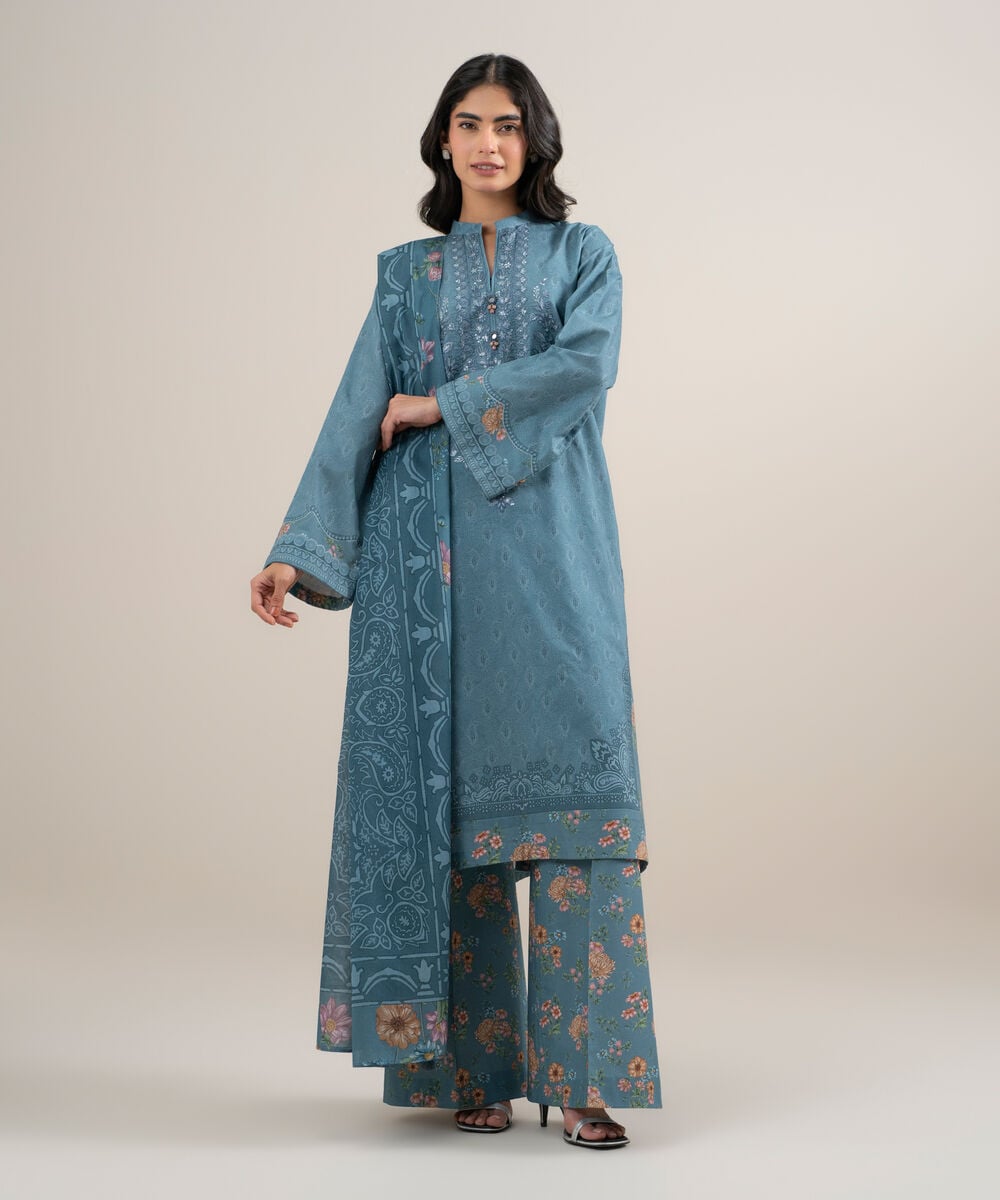 Women's Unstitched Lawn Embroidered Gray Blue 3 Piece Suit