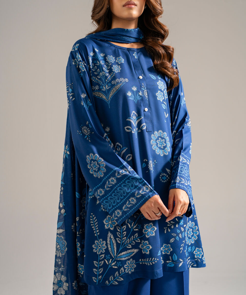 Women's RTW Arabic Lawn Printed Blue 3 Piece Suit