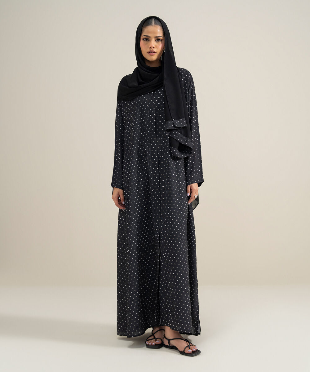 Women's Polyester Black Kimono Printed Abbaya Set