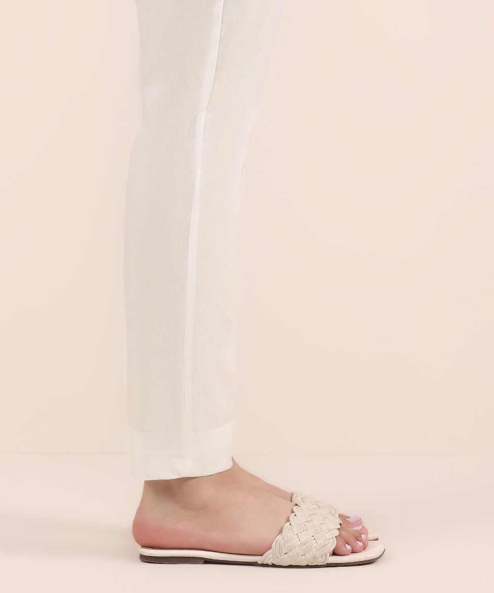 Woman - White Solid Cambric Cigarette Pants