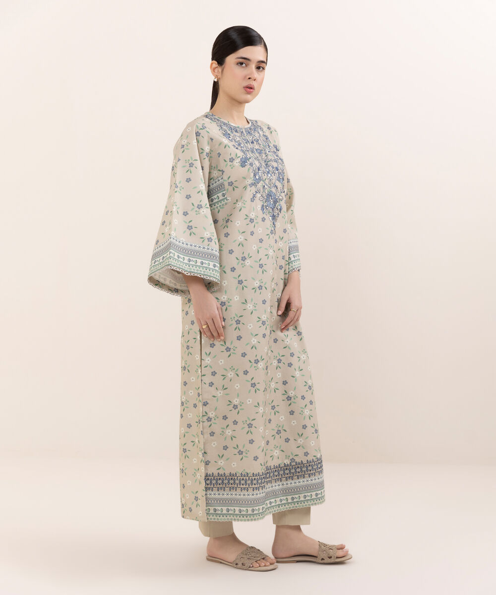 Women's Unstitched Cotton Embroidered Beige  Two Piece Suit