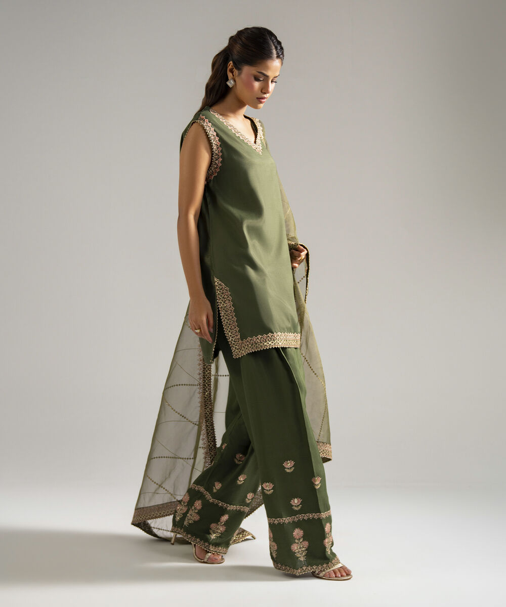 Women's RTW Raw Silk Embroidered Olive Green 3 Piece Suit