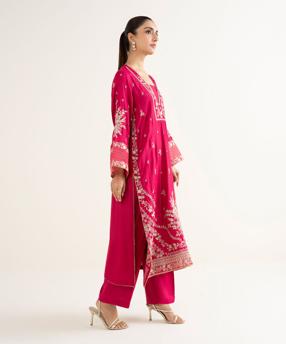 Women's RTW Viscose Raw Silk Embroidered Pink 2 Piece Suit