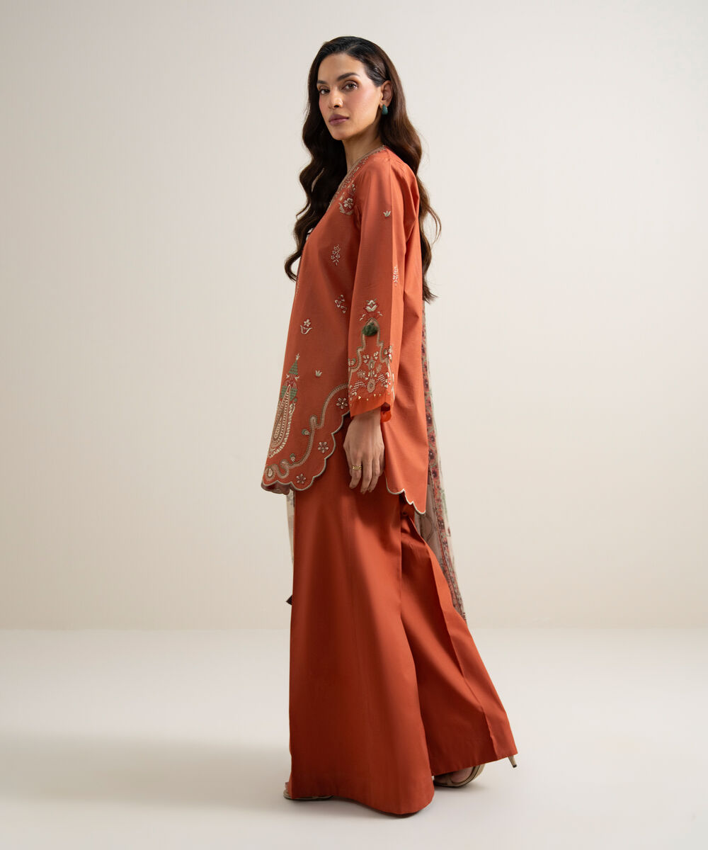 Women's Unstitched Zari Lawn Embroidered Orange 3 Piece Suit